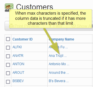 Field properties pane - max characters in table view