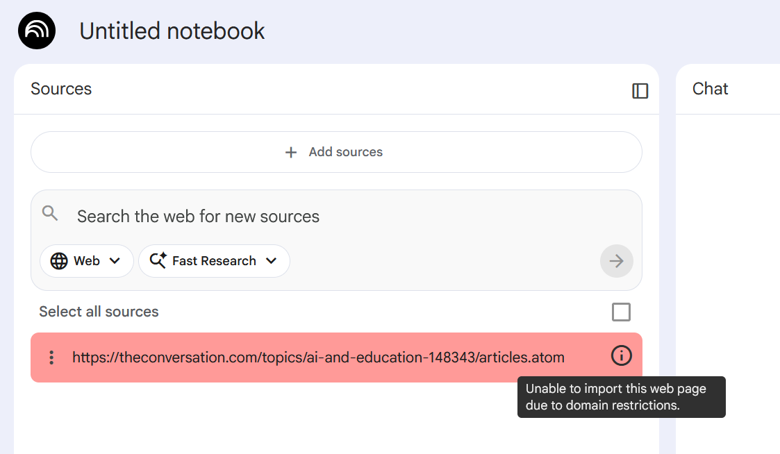 NotebookLM error Unable to import this webpage due to domain restrictions after a feed URL was pasted as a source