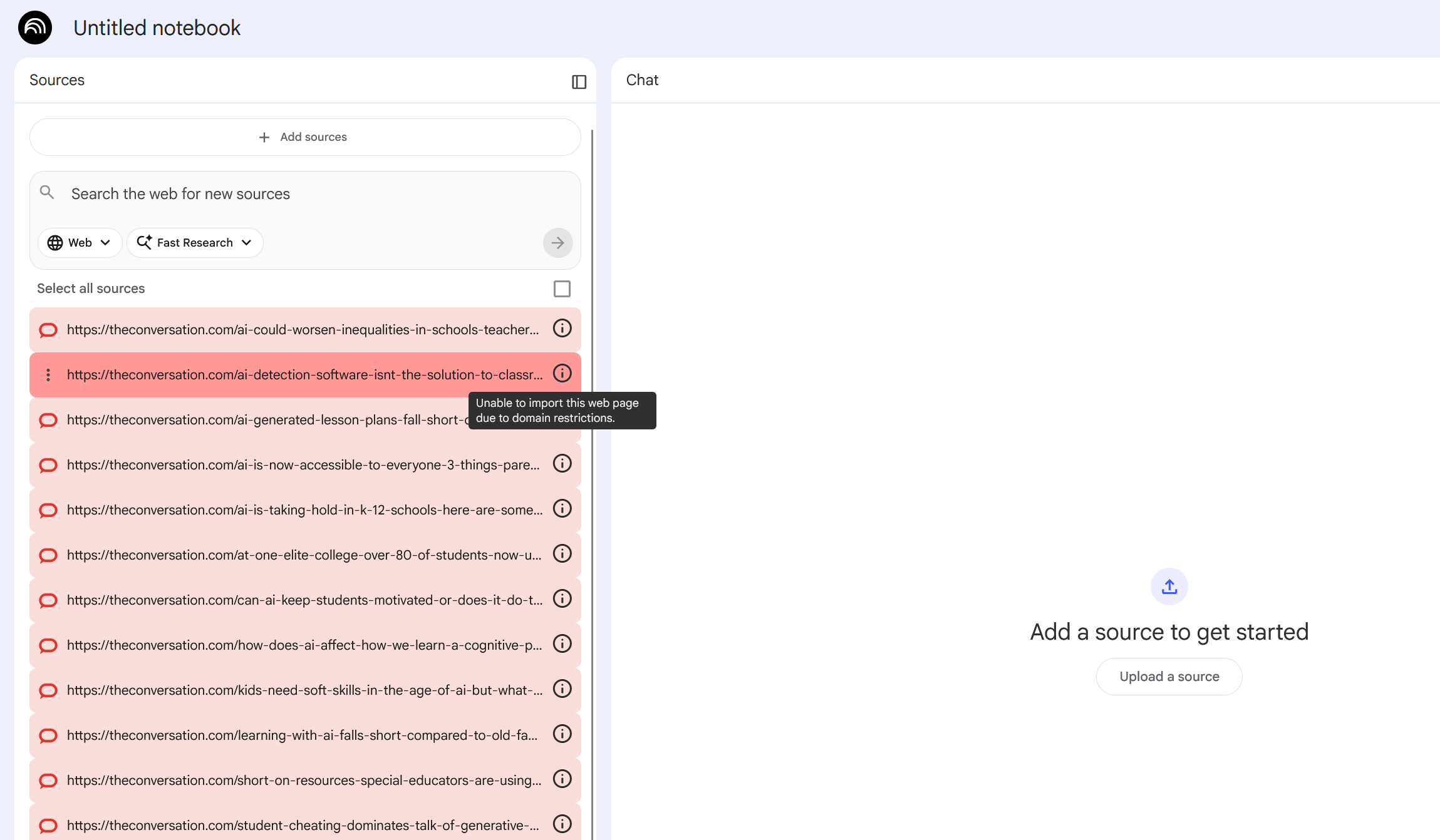 NotebookLM error Unable to import this webpage due to domain restrictions after article URLs were pasted into Sources
