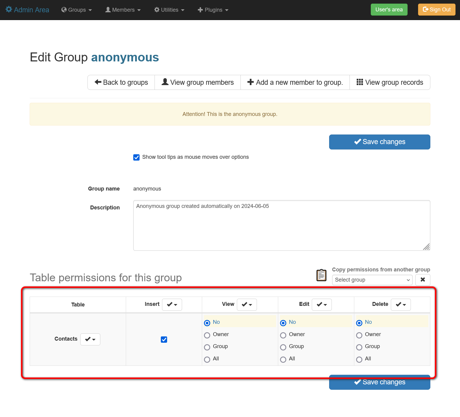 AppGini anonymous permissions
