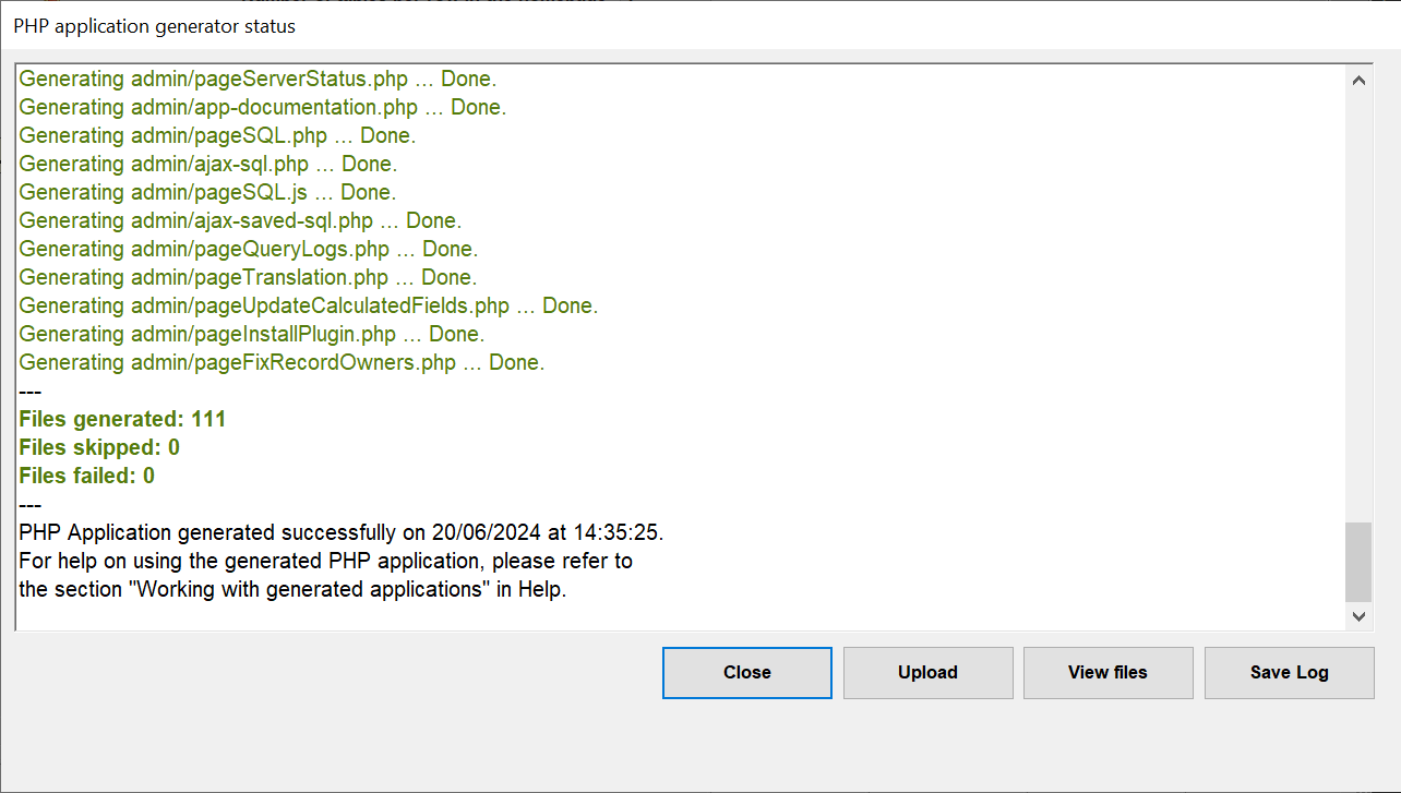 AppGini 'Generation complete' dialog