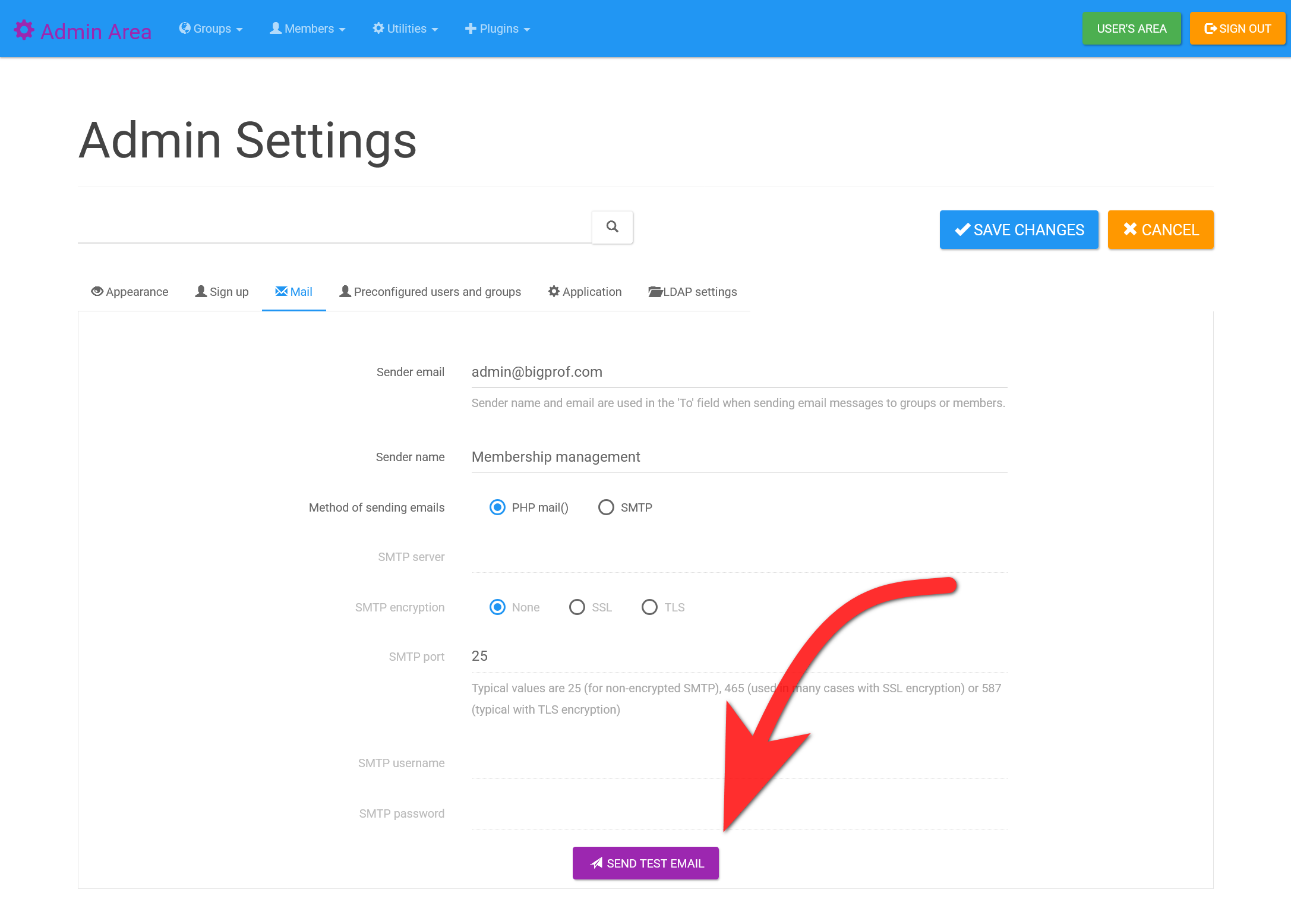 Send a test email from the admin settings page Send test email from admin settings page