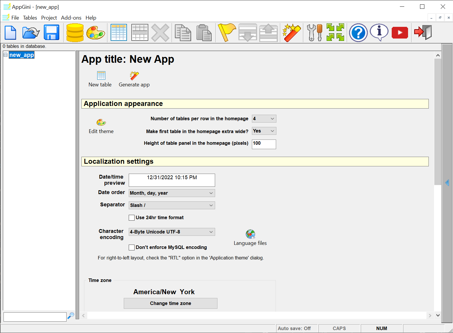 AppGini project properties pane
