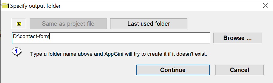 AppGini 'Specify output folder' dialog