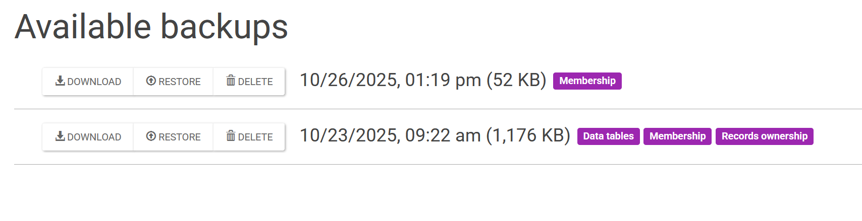 Available backups with groups