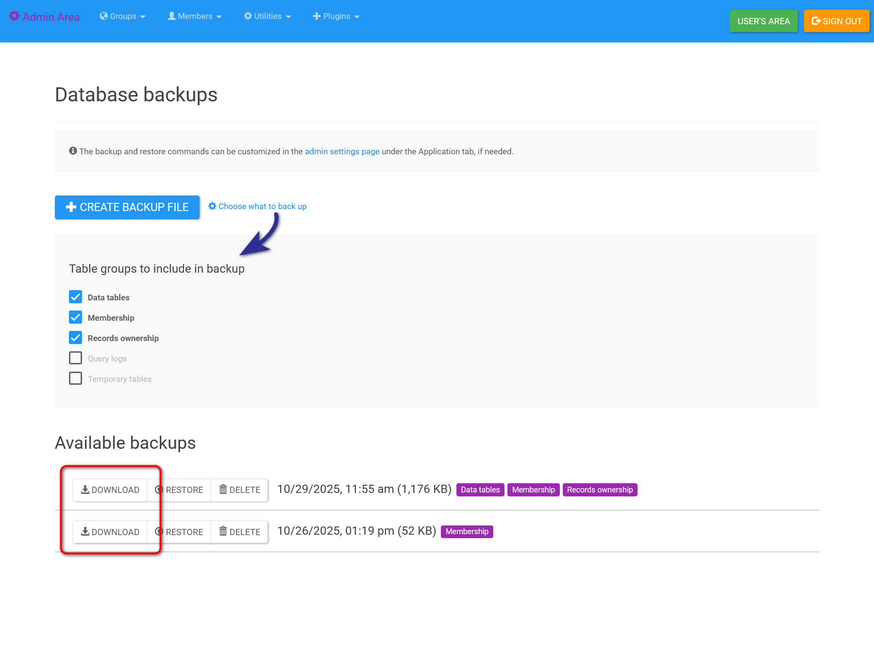 Selective backup and downloadable backups