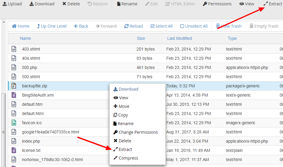cPanel File Manager Extract