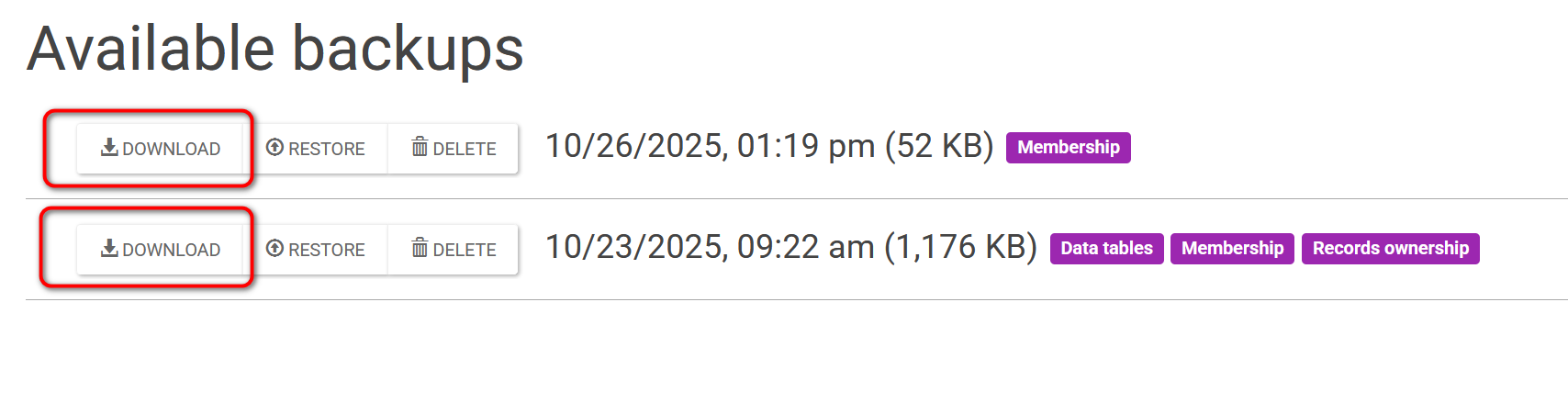Download backup button