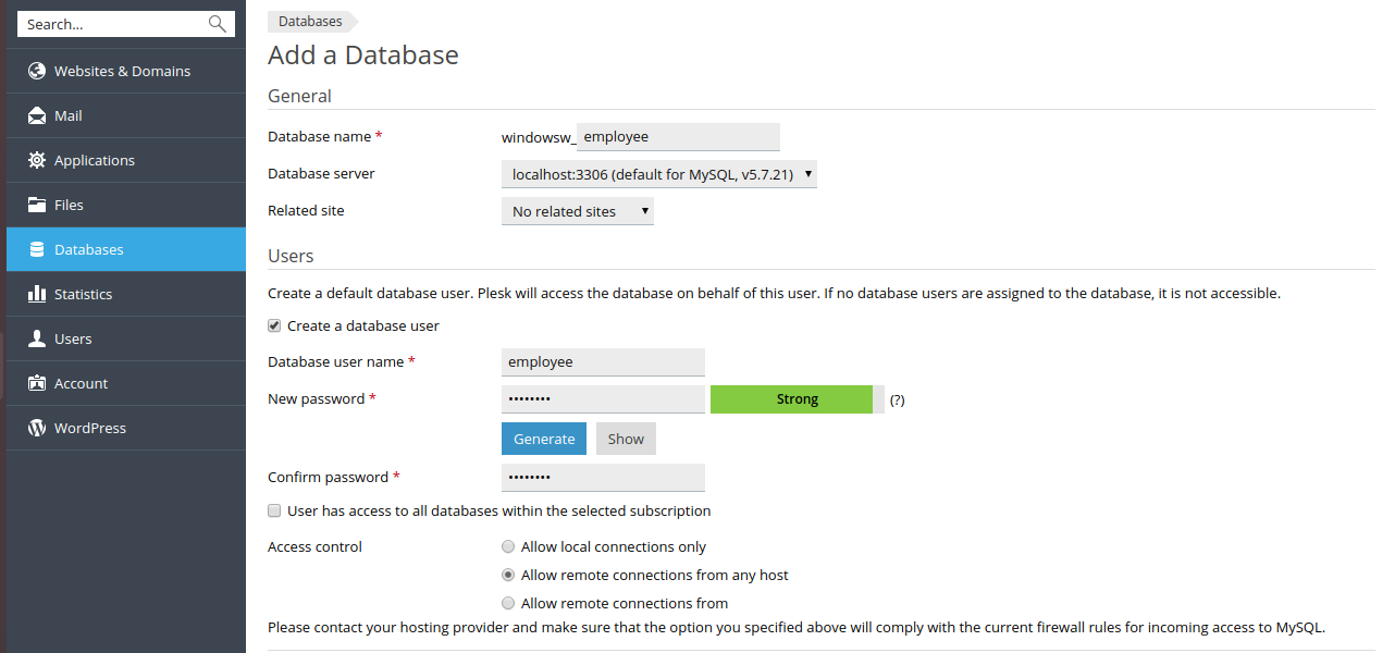 Plesk Add Database